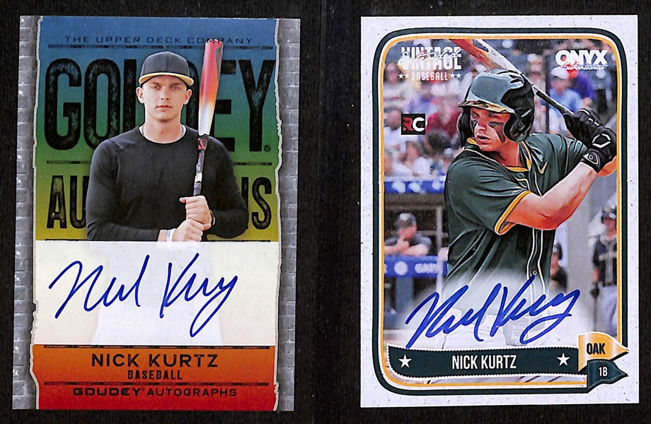 Lot of (5) Nick Kurtz Autographed Baseball Cards w. 2025 Leaf Seasons in the Sun Auto #10/30